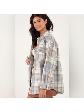 White Fox Boutique Plaid Utility Jacket in Light Blue and Tan